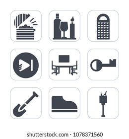 Premium fill icons set on white background . Such as play, bottle, drink, table, alcohol, object, ice, equipment, business, player, internet, cuisine, glass, video, button, white, vine, top, key, menu