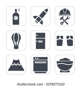 Premium fill icons set on white background . Such as construction, coffee, footwear, helmet, flip, volcano, beach, appliance, parachute, balloon, paint, lava, mountain, occupation, refrigerator, food