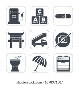 Premium fill icons set on white background . Such as percussion, girl, transportation, travel, toy, medical, no, petroleum, petrol, station, health, picture, kid, pump, medicine, gasoline, oil, rain