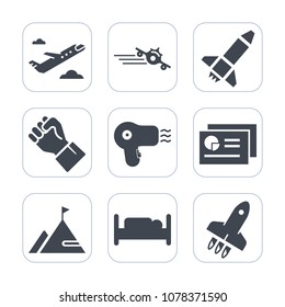 Premium fill icons set on white background . Such as rock, bedroom, robot, airplane, hairdresser, trip, human, transportation, report, dryer, computer, technology, document, communication, element