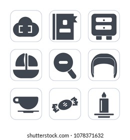 Premium fill icons set on white background . Such as ocean, helmet, contact, address, marine, drawer, cabinet, sweet, lollipop, decoration, vessel, web, equipment, candy, coffee, phone, cafe, boat