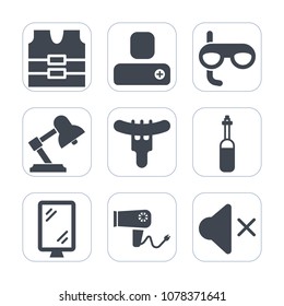Premium fill icons set on white background . Such as mask, dryer, sausage, blow, clothing, meat, hotdog, uniform, jacket, medicine, street, reflective, contact, mute, social, sport, table, profile