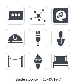 Premium fill icons set on white background . Such as chat, bottle, equipment, technology, sign, glass, fence, shovel, message, molecule, wine, cream, science, safety, speech, dialog, sound, alcohol