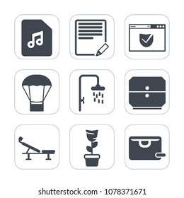 Premium fill icons set on white background . Such as graphic, edit, bathroom, travel, pen, green, text, furniture, transportation, check, internet, sound, music, write, air, fitness, website, room, 