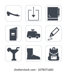 Premium fill icons set on white background . Such as child, boot, bag, game, kid, bar, business, button, brochure, fun, fashion, notepad, pen, sign, alcohol, backpack, play, sport, toy, note, pencil