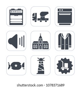 Premium fill icons set on white background . Such as light, warehouse, religious, outfit, oven, music, volume, lollipop, audio, work, lighthouse, industry, cargo, style, home, industrial, food, burner