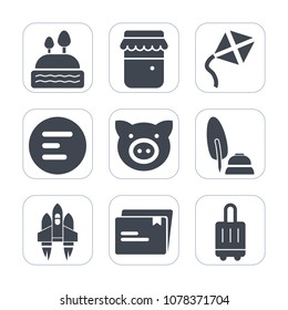Premium fill icons set on white background . Such as space, kite, bakery, chocolate, white, pot, piglet, cupcake, spaceship, sweet, doughnut, pen, sign, cookie, jar, document, button, technology, bag