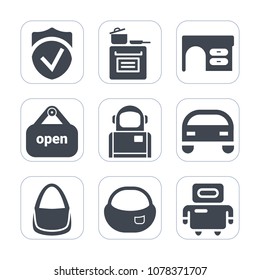 Premium fill icons set on white background . Such as food, bag, retail, kitchen, technology, car, shop, open, work, door, business, notebook, check, backpack, cosmos, cyborg, astronaut, desk, home