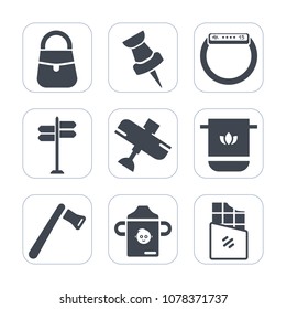 Premium fill icons set on white background . Such as bottle, hammer, plastic, axe, cloth, smart, direction, bar, nutrition, bag, street, map, time, construction, gadget, pointer, female, plane, flight