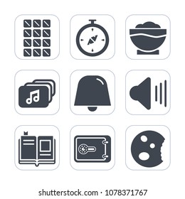 Premium fill icons set on white background . Such as internet, cake, textbook, sweet, dessert, finance, restaurant, literature, drink, volume, cooking, up, travel, candy, compass, sign, education, bar