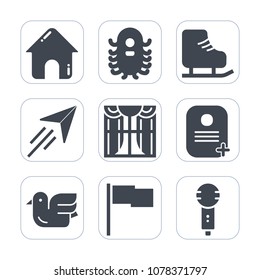 Premium fill icons set on white background . Such as skating, plane, science, sky, architecture, humanoid, curtain, winter, wildlife, travel, bird, microphone, nature, animal, song, space, ice, sign