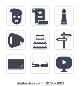 Premium fill icons set on white background . Such as blackboard, musical, file, direction, guitar, hipster, knight, office, pawn, blank, old, sweet, sign, page, retro, game, technology, contract, art