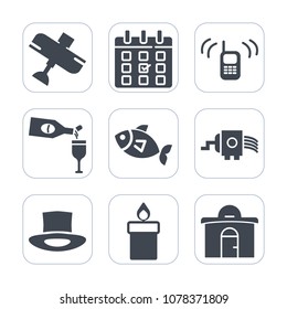 Premium fill icons set on white background . Such as red, plane, candle, flame, transportation, estate, telephone, ringing, airplane, cooking, aircraft, transport, timetable, phone, grater, fly, hat