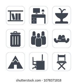 Premium fill icons set on white background . Such as top, book, ball, education, sculpture, adventure, learning, headwear, tent, recycling, desk, water, computer, camp, cone, sport, famous, office