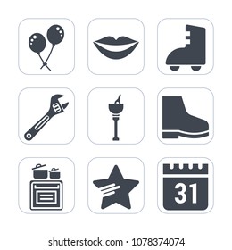 Premium fill icons set on white background . Such as wine, time, kitchen, party, white, timetable, tool, bright, beauty, lips, oven, skating, woman, young, alcohol, mouth, modern, equipment, girl, ice