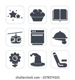Premium fill icons set on white background . Such as floral, spring, rail, muffin, championship, waiter, bakery, competition, astronomy, space, sweet, circus, galaxy, nature, dark, cricket, blossom