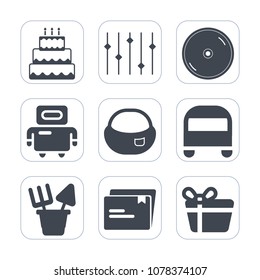 Premium fill icons set on white background . Such as bus, transportation, disc, dessert, futuristic, sign, android, holiday, delicious, transport, food, technology, pastry, bag, plastic, object, robot
