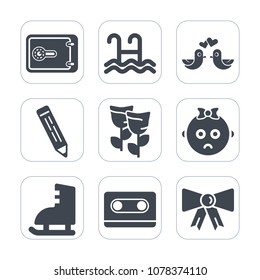Premium fill icons set on white background . Such as pool, cassette, nature, blossom, suit, bow, money, dove, retro, flower, child, floral, ice, audio, sport, winter, heart, tape, animal, music, swim