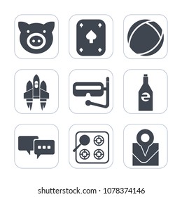 Premium fill icons set on white background . Such as casino, bubble, location, spaceship, piggy, technology, game, water, mask, black, farming, gas, travel, ball, stove, pork, kitchen, swine, map, sea