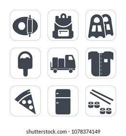 Premium fill icons set on white background . Such as sea, view, sport, blue, household, food, white, fridge, backpack, pot, sweet, icecream, cooking, kitchen, dessert, diver, delivery, fashion, truck