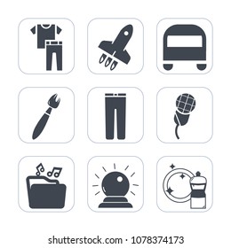 Premium fill icons set on white background . Such as work, speech, sound, sorcery, spaceship, paintbrush, equipment, tool, vehicle, shirt, karaoke, road, launch, audio, travel, concert, trousers, mic