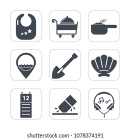 Premium fill icons set on white background . Such as pot, rubber, music, shovel, food, location, equipment, eraser, marine, fork, service, rattle, reminder, restaurant, erase, tool, shell, nature, toy