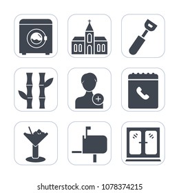 Premium fill icons set on white background . Such as machine, nature, phone, message, architecture, cocktail, interior, equipment, building, christian, housework, internet, mailbox, catholic, clean