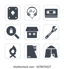 Premium fill icons set on white background . Such as music, document, tent, clothing, bonfire, woman, earphone, fashion, cassette, spanner, tool, flame, play, fireplace, poker, casino, file, equipment