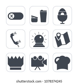 Premium fill icons set on white background . Such as easter, restaurant, hat, chef, mug, electric, video, phone, coffee, queen, sugar, screen, deactivate, map, holiday, magic, electricity, luxury, hot