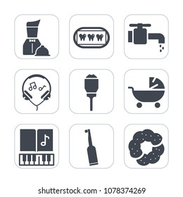 Premium fill icons set on white background . Such as sound, doughnut, city, musical, technology, dental, mouth, music, baby, tooth, modern, cake, plate, audio, healthy, tap, food, health, dinner, lamp