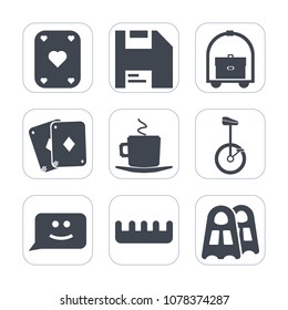 Premium fill icons set on white background . Such as mug, water, bike, sea, cappuccino, diskette, hot, black, cup, casino, poker, floppy, card, drink, disk, smile, game, internet, printer, tourism