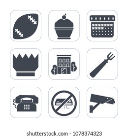 Premium fill icons set on white background . Such as calendar, building, pastry, sport, food, dinner, stadium, fork, camera, cake, air, goal, sign, ball, delicious, pie, security, schedule, dessert