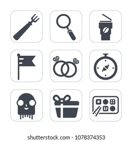 Premium fill icons set on white background . Such as away, romance, restaurant, food, nation, zoom, box, sign, search, monster, meal, cup, view, present, glass, take, chinese, fork, alien, gift, drink