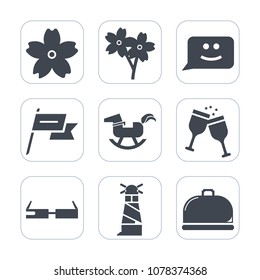 Premium fill icons set on white background . Such as light, sea, food, emotion, cherry, drink, wine, pink, beautiful, state, horse, smart, ball, smile, modern, restaurant, nation, branch, country, toy