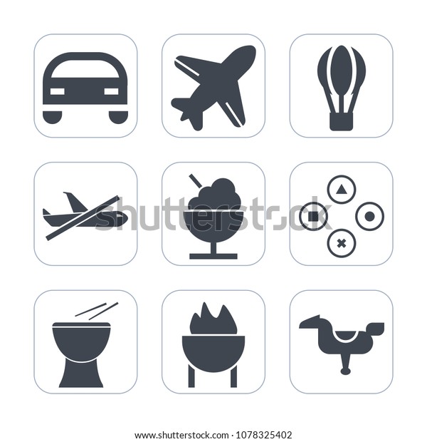 Premium fill icons set on white background . Such as\
sound, airplane, hot, vehicle, transport, percussion, fun, dessert,\
technology, food, musical, no, aircraft, icecream, fly, automobile,\
video, meat