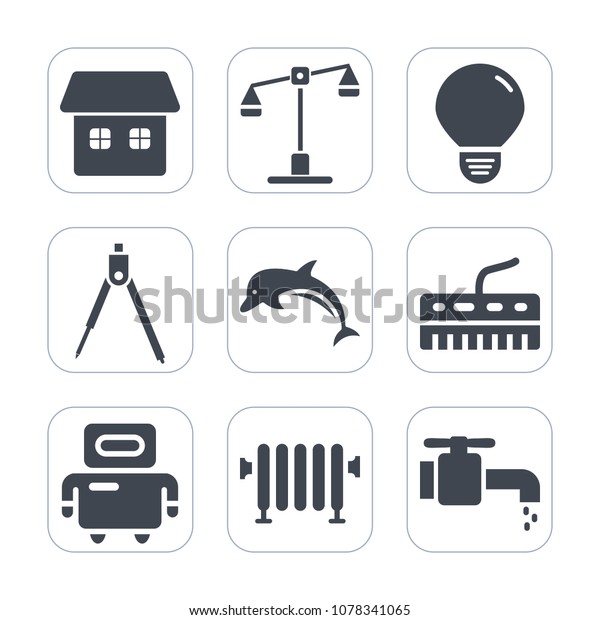 Premium fill icons set on white background . Such as\
dolphin, justice, illumination, hot, wildlife, house, equipment,\
engineering, legal, power, idea, ocean, balance, electricity, bulb,\
law, home, tap