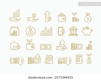 Premium Finance icons set simple line art outline graphic style. Business investment money growth, financial accounting, income, economy symbol icons. Editable stoke