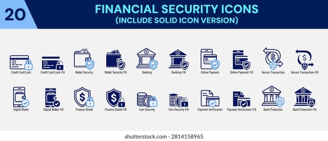 Premium financial security icon set featuring banking, payment, wallet, and protection symbols. Ideal for fintech apps, websites, UI, presentations, infographics, and cybersecurity projects.