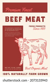 Premium Finest Beef Steak. Abstract Vector Meat Packaging Product Label Design. Retro Typography and Hand Drawn Cow Sketch Silhouette Background Layout.