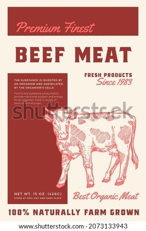 Premium Finest Beef Steak. Abstract Vector Meat Packaging Product Label Design. Retro Typography and Hand Drawn Cow Sketch Silhouette Background Layout.
