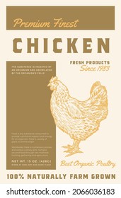 Premium Finest Chicken Meat. Abstract Vector Poultry Meat Packaging Product Label Design. Retro Typography and Hand Drawn Domestic Bird Sketch Silhouette Background Layout.