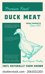Premium Finest Duck Meat. Abstract Vector Poultry Meat Packaging Product Label Design. Retro Typography and Hand Drawn Domestic Bird Sketch Silhouette Background Layout.