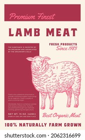 Premium Finest Lamb Meat. Abstract Vector Meat Packaging Product Label Design. Retro Typography and Hand Drawn Sheep Sketch Silhouette Background Layout.