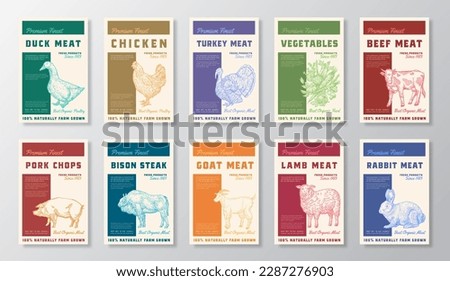 Premium Finest Meat, Poultry and Vegetables Vector Packaging Product Label Design Collection. Retro Typography and Hand Drawn Domestic Animals and Vegs Sketch Silhouettes Background Layouts Set