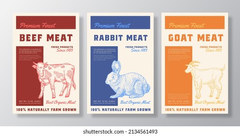 Premium Finest Meat Vector Packaging Product Label Design Collection Retro Typography and Hand Drawn Cow Rabbit and Goat Sketch Silhouettes Background Layouts Set