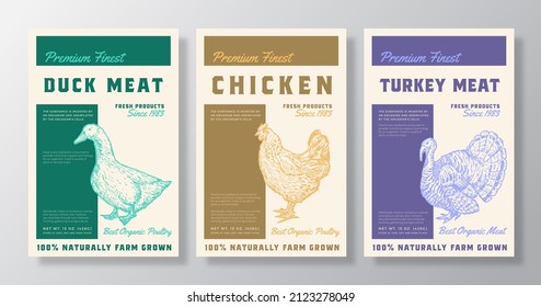 Premium Finest Poultry Meat Vector Packaging Product Label Design Collection. Retro Typography and Hand Drawn Duck, Chicken, Turkey Sketch Silhouettes Background Layouts Set