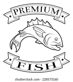 Premium fish menu icon of a fish and banners in a stamp style