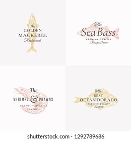 Premium Fish and Seafood Abstract Vector Signs, Symbols or Logo Templates Set. Elegant Hand Drawn Shrimp, Sea Bass, Mackerel and Dorado Sketches with Classy Retro Typography. Vintage Emblems. Isolated