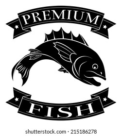 Premium Fish Or Seafood Food Label Featuring An Illustration Of A Fish