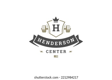 Premium fitness center logo design template heraldic shield crown with dumbbell vector illustration. Luxury gym sport studio weight loss bodybuilding hobby training workout activity decorative ribbon
